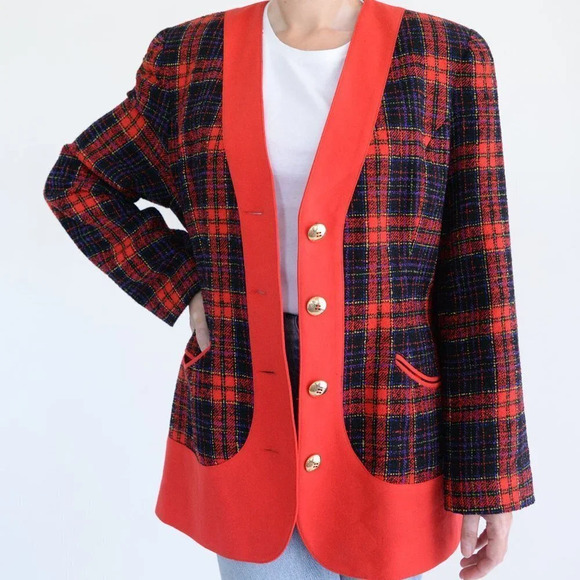 Vintage Simon Chang Black &  Red Pattern 88% Wool Button Down Blazer 12 - Picture 1 of 11